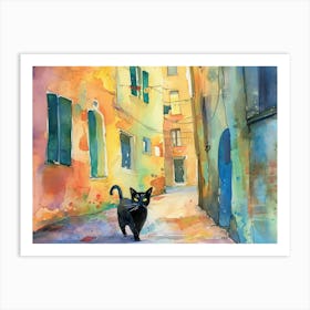 Black Cat In Livorno, Italy, Street Art Watercolour Painting 3 Art Print