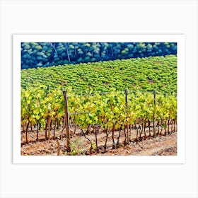 Under the Vineyard Shade. A tranquil scene of a vineyard stretching across sunlit hills, framed by the sprawling branches of a sturdy tree, evoking serenity and natural beauty. 1 Art Print