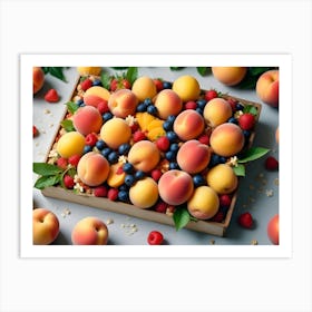 A Wooden Box Filled With Peaches, Blueberries, Raspberries, And Apricots Art Print