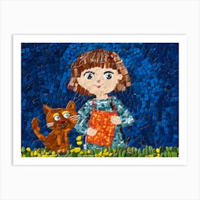 Mosaic Girl With Cat Art Print