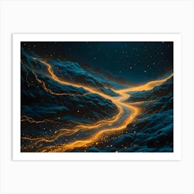 Digital Rendering Of A Mountainous Landscape With A Glowing Golden River Winding Through It, Set Against A Dark Blue Night Sky With Stars Art Print