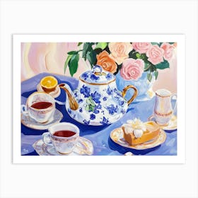 Floral Tea Setting with Roses and Cake Art Print