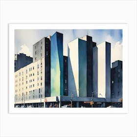 Watercolor Painting Of A City Street With Tall Buildings And Cars Art Print