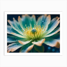 A Close Up Shot Of A Blue And White Flower With A Yellow Center, With A Blurred Background Of Blue And White Bokeh Art Print