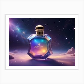 A Glass Bottle Of Perfume With A Golden Cap, Standing On A White Surface Against A Background Of A Galaxy With Stars Art Print