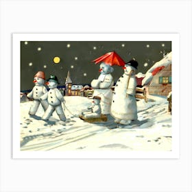 Snowman Family On The Christmas Eve Art Print