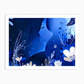 Blue Flowers And A Woman Art Print