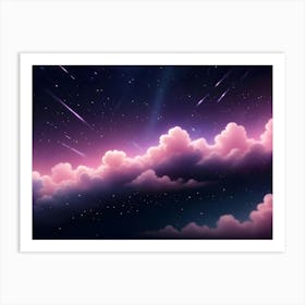 Pinkish Clouds Float Across A Dark, Starry Sky With Streaking Meteors, Creating A Magical And Dreamlike Scene Art Print