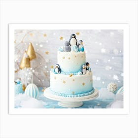 Penguins On A Cake 1 Art Print