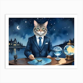 An Anthropomorphic Cat In A Suit Stands Behind A Table With A Miniature Paper Boat Floating In Spilled Water Art Print