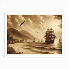 Vintage Sepia Prints Of Ocean With Ships 4 Art Print