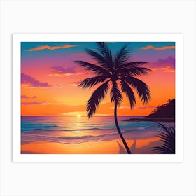 A Tranquil Beach At Sunset Horizontal Illustration 8 Art Print