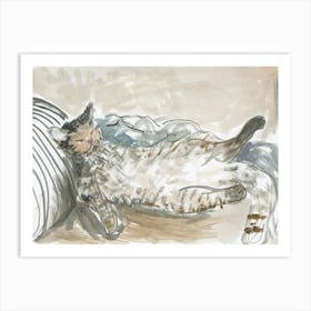 Lazy Watercolor Cat In Beige - animal pet feline hand painted Art Print
