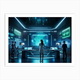 Cyber Intelligence Technology Interfacing With Modern Business Operations Robots Analyzing Data Ho (6) Art Print