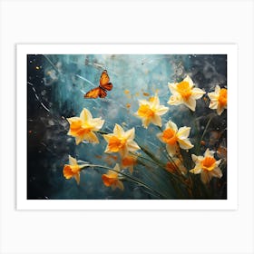 Daffodils And Butterflies 1 Art Print