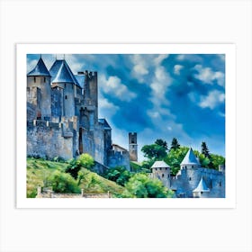 Medieval Castle Carcassonne France. The image showcases a majestic medieval castle, its imposing stone walls and towers rising against a backdrop of a bright blue sky dotted with fluffy white clouds. The castle's gray stone facade is weathered and worn, hinting at its age and history. Lush green foliage surrounds the castle, adding a touch of vibrancy to the scene. Art Print