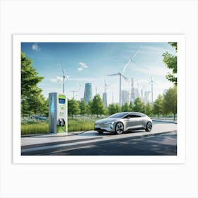 Electric Vehicle Charging At A Sustainable Energy Station In An Urban Setting Illustrative Logo Des Art Print