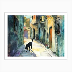 Haifa, Israel   Cat In Street Art Watercolour Painting 3 Art Print