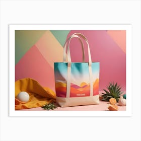 A Bright, Colorful Tote Bag With A Sunset Landscape Design, Photographed Against A Backdrop Of Various Colorful Backgrounds And Props Art Print