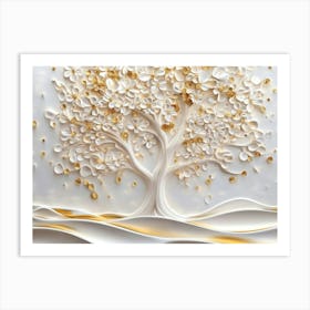 3d Art White And Gold Tree Life, 3d Art Gold Tree And White Circles Art Print