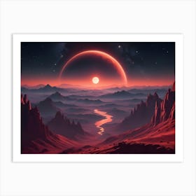 A Red Rocky Landscape With A River And A Large, Glowing Red Ring In The Sky With A Smaller Sun Behind It Art Print