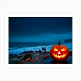 Coastline Celebration Captured At Dusk A Single Jack O Lantern With A Carved Face Glowing Eerily On 2 1 Art Print