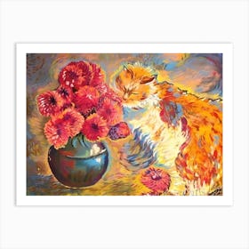 Cat And Flowers Metal Print Art Print