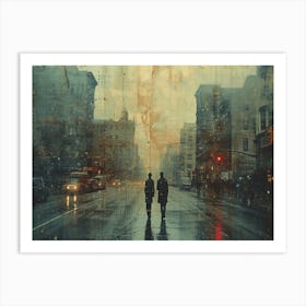 Temporal Resonances: A Conceptual Art Collection. Two People On A Rainy Street Art Print