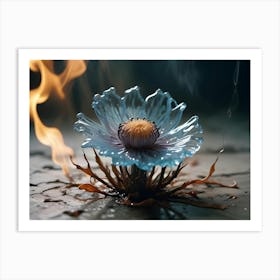 An Image Of A Delicate, Blue Flower With A Golden Center, Surrounded By Flames And Smoke Art Print