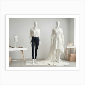 Photo Of Two Mannequins In A White Room With A Table, Shoes, And Bags, Showcasing Fashion Items Art Print