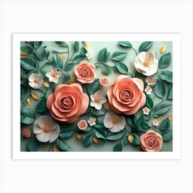 Roses Surrounded By Leaves And Flowers, Illustration Art Print