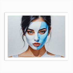 Blue And White Painting In Double Masked Girl Face Art Print