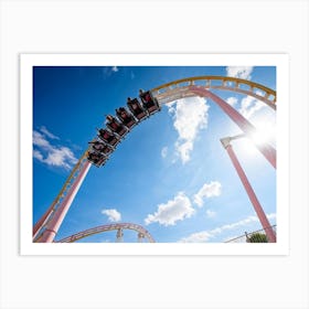 Exciting Roller Coaster Twisting Around A Sunlit Sky Safe Velvet Seats For Thrilling Riders Cheerf Art Print