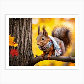 Closeup Of A Squirrel Wearing A Knitted Hat And Scarf Perched On A Branch Within A Tree In An Autum Art Print