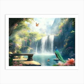 Nature Scenery Landscape with Tropical Leaves, Flowers, Forest Trees, Park, Waterfall Art Print