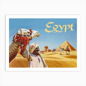 Egypt, Man With Camel Is Looking At Pyramids Art Print
