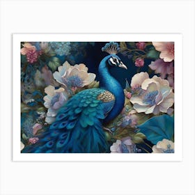 Peacock With Flowers Art Print