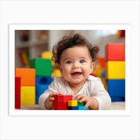 Baby Smiling Engaging With Vibrant Blocks Of Primary Colors Soft Focus Background Enhancing The Ch (7) Art Print