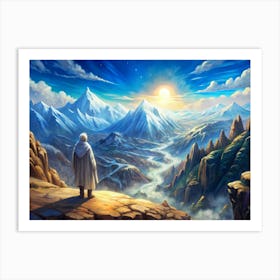 Man In A Robe Standing On A Mountain Peak Art Print