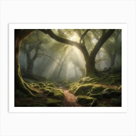 A Misty Morning Stroll in a Lush Forest 1 Art Print