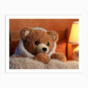 Close Up Of A Small Teddy Bear Nestled In An Oversized Bed With A Fluffy Scarf Draped Over Its Body Art Print