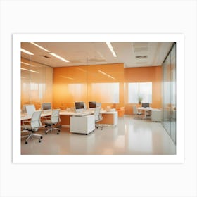 Modern And Bright Office Space With Orange Walls, Large Windows With A City View, And White Desks With Computers Art Print