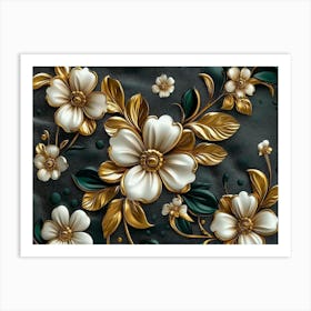 Luxury Floral Seamless With Flowers Elegant Leather Texture Illustration Background In Golden, Green, White 3 Art Print