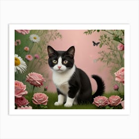 Black And White Cat With Pink Roses Art Print