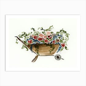 Watercolour Flowers In A Wheelbarrow Art Print