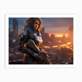 Futuristic soldier woman with energy gun Art Print