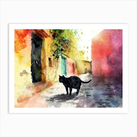 Black Cat In Latina, Italy, Street Art Watercolour Painting 4 Art Print