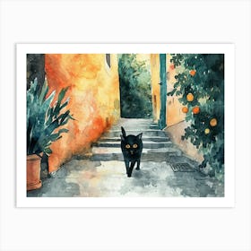 Black Cat In Caserta, Italy, Street Art Watercolour Painting 4 Art Print