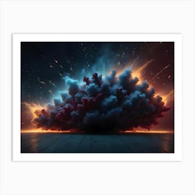 A Colorful Cloud Of Smoke In Shades Of Red, Orange, And Blue Explodes Upward, Illuminating A Wooden Floor, Suggesting A Powerful Release Of Energy Art Print