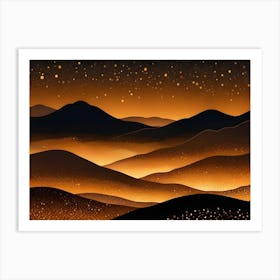 An Illustration Of A Mountain Range Silhouetted Against A Dark Night Sky, With A Sparkling, Golden Light Emanating From The Peaks Art Print